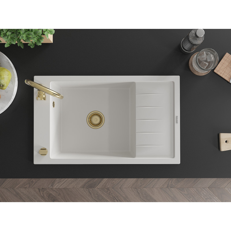 Mexen Elias granitische spoelbak met 1 bak en afdruipplaat 795 x 480 mm, wit, gouden sifon - 6511791005-20-G