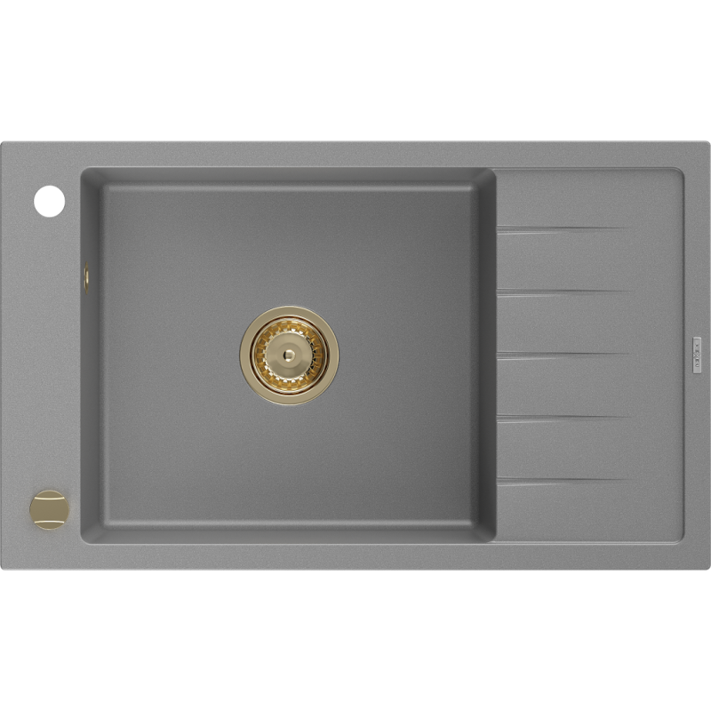 Mexen Elias enkele granieten gootsteen met afdruiprek 795 x 480 mm, grijs, gouden sifon - 6511791005-71-G