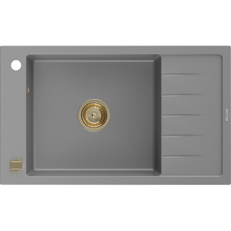 Mexen Elias enkele granieten gootsteen met afdruiprek 795 x 480 mm, grijs, gouden sifon - 6511791005-71-G