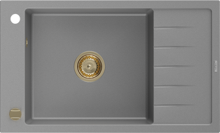 Mexen Elias enkele granieten gootsteen met afdruiprek 795 x 480 mm, grijs, gouden sifon - 6511791005-71-G