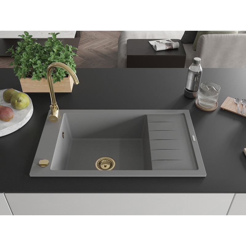 Mexen Elias lavello in granito a 1 vasca con scolapiatti 795 x 480 mm, grigio, sifone dorato - 6511791005-71-G