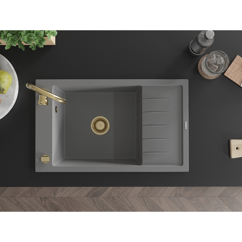 Mexen Elias évier en granit à 1 bac avec égouttoir 795 x 480 mm, gris, siphon doré - 6511791005-71-G