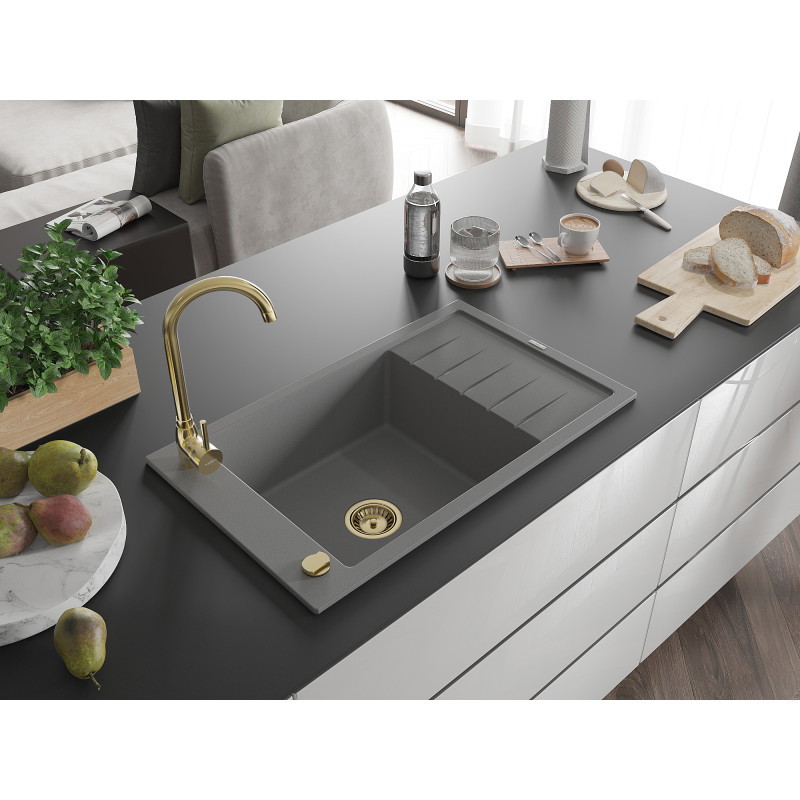 Mexen Elias évier en granit à 1 bac avec égouttoir 795 x 480 mm, gris, siphon doré - 6511791005-71-G