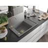 Mexen Elias Granitspüle 1-becken mit Abtropffläche 795 x 480 mm, grau, goldener Siphon - 6511791005-71-G