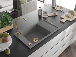 Mexen Elias évier en granit 1 bac avec égouttoir 795 x 480 mm, gris, siphon doré - 6511791005-71-G