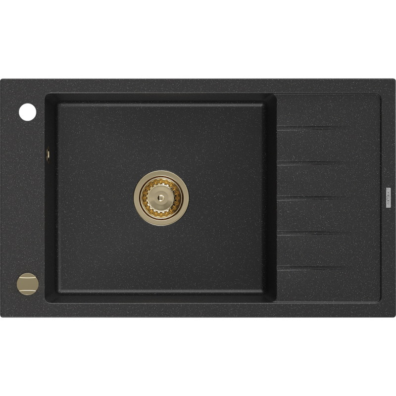 Mexen Elias granitische gootsteen 1-kompartement met druiprek 795 x 480 mm, zwart/zilver metallic, gouden sifon