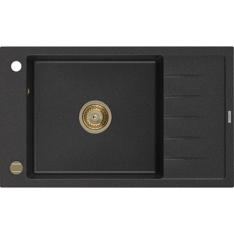 Mexen Elias lava-louça de granito com 1 cuba e escorredor 795 x 480 mm, preto/prateado metálico, sifão dourado