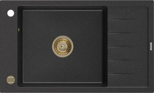 Mexen Elias granieten spoelbak 1-kompartment met druiprek 795 x 480 mm, zwart/zilveren metallic, gouden sifon - 6511791005-73-G