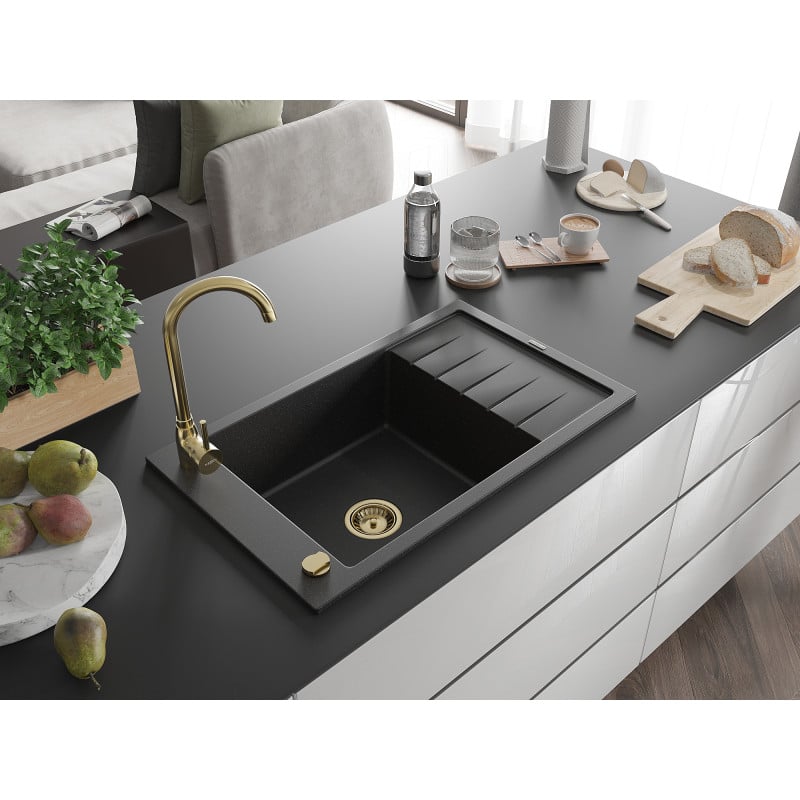 Mexen Elias granite sink 1-bowl with drainer 795 x 480 mm, black/silver metallic, golden siphon - 6511791005-73-G