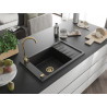 Mexen Elias évier granitique à 1 cuve avec égouttoir 795 x 480 mm, noir/argent métallisé, siphon doré - 6511791005-73-G