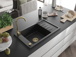 Mexen Elias fregadero de granito de 1 seno con escurridor 795 x 480 mm, negro/plateado metalizado, sifón dorado