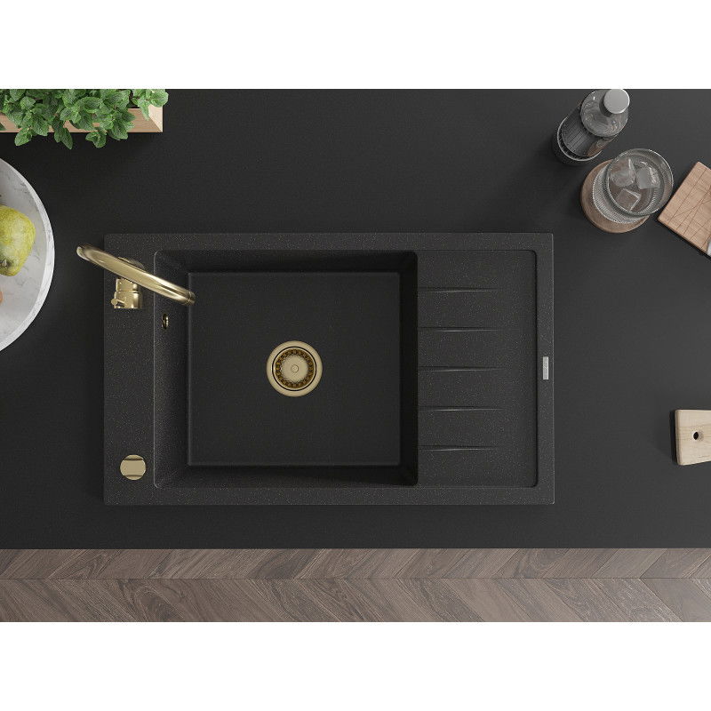 Mexen Elias granieten spoelbak 1-kompartment met druiprek 795 x 480 mm, zwart/zilveren metallic, gouden sifon - 6511791005-73-G
