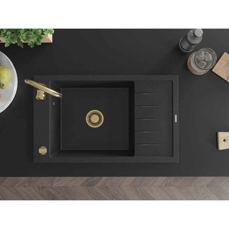 Mexen Elias lava-louça de granito com 1 cuba e escorredor 795 x 480 mm, preto/prateado metálico, sifão dourado