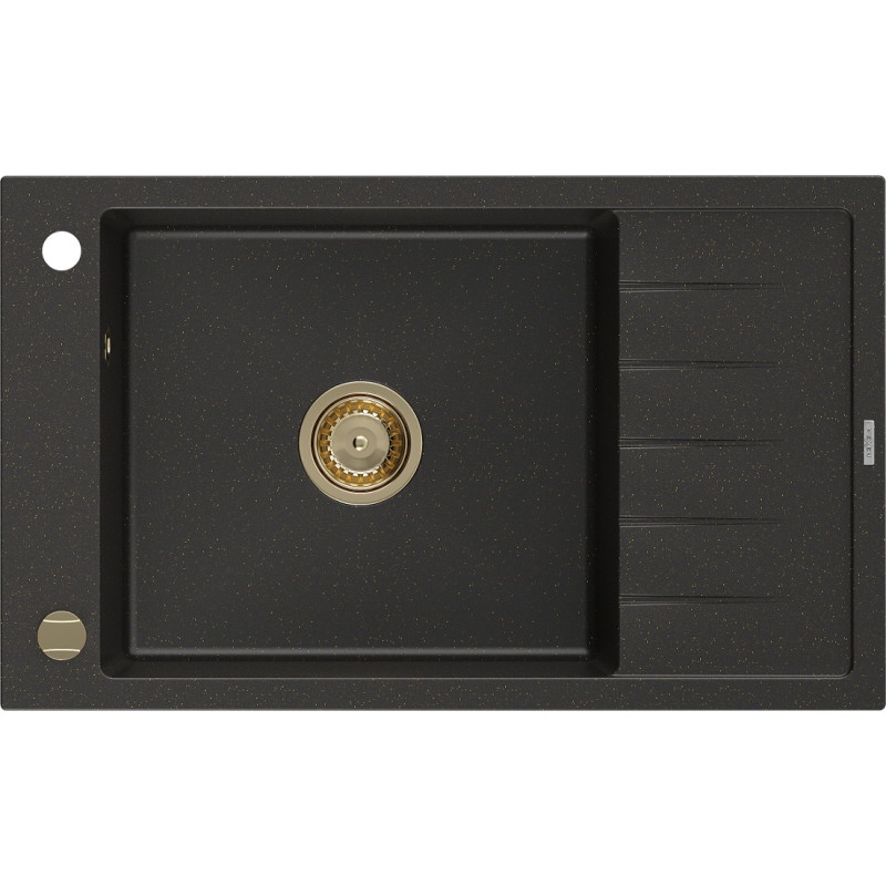 Mexen Elias évier en granit 1 bac avec égouttoir 795 x 480 mm, noir/or métallisé, siphon doré - 6511791005-75-G