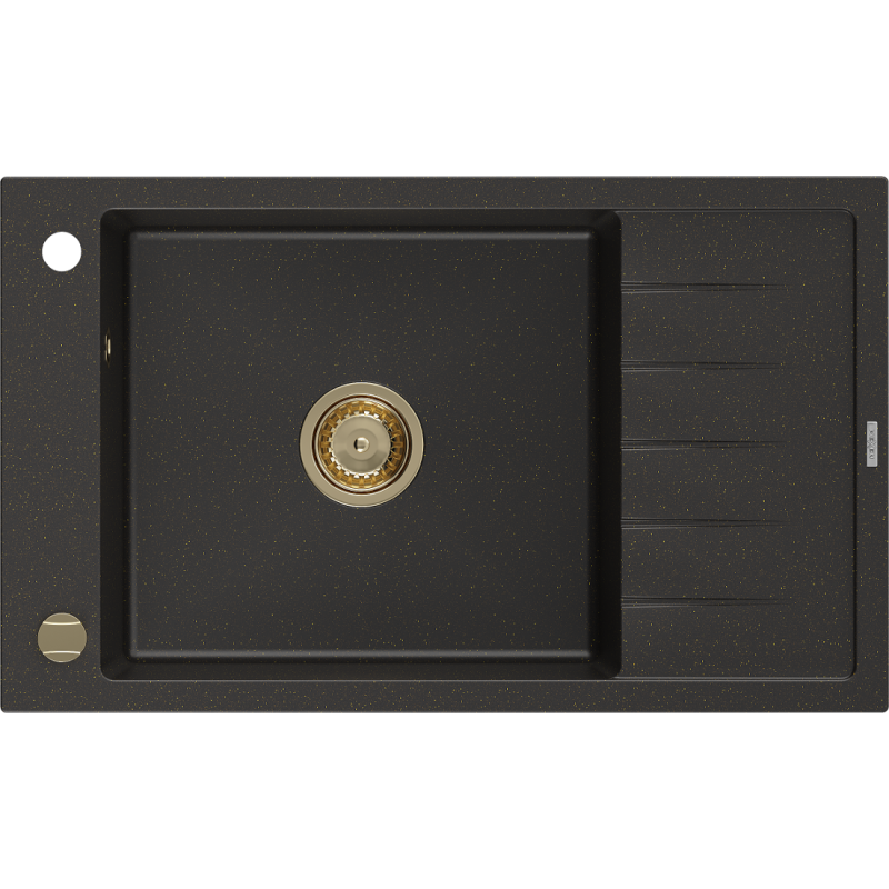 Mexen Elias Granitspüle 1-Becken mit Abtropffläche 795 x 480 mm, Schwarz/Gold Metallic, Goldener Siphon - 6511791005-75-G