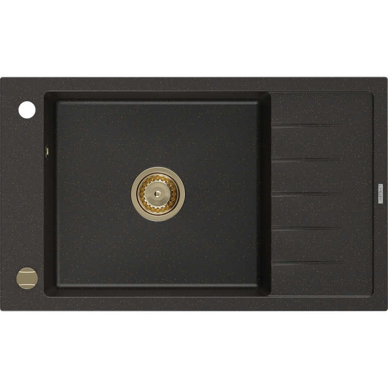 Mexen Elias lavello in granito a 1 vasca con scolapiatti 795 x 480 mm, nero/oro metallico, sifone dorato - 6511791005-75-G