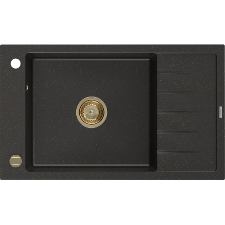 Mexen Elias Granitspüle 1-Becken mit Abtropffläche 795 x 480 mm, Schwarz/Gold Metallic, Goldener Siphon - 6511791005-75-G