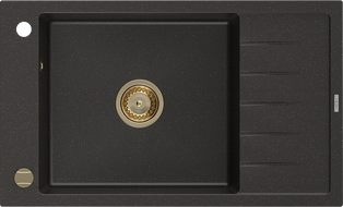 Mexen Elias granieten spoelbak 1-komor met afdruiprek 795 x 480 mm, zwart/goud metallic, gouden sifon - 6511791005-75-G