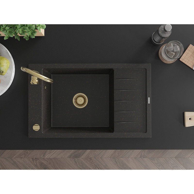 Mexen Elias granitdiskho 1-fack med avrinning 795 x 480 mm, svart/guld metallisk, guld sifon - 6511791005-75-G