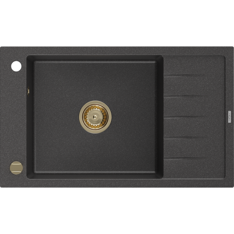Mexen Elias Granitspüle 1-Becken mit Abtropffläche 795 x 480 mm, schwarz gesprenkelt, Siphon gold - 6511791005-76-G