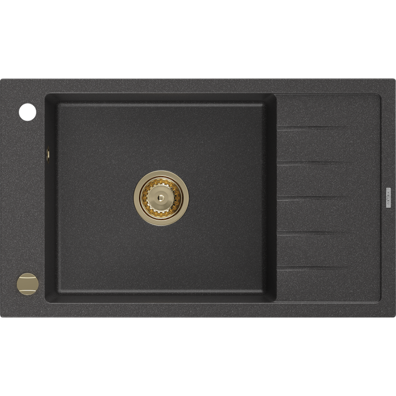 Mexen Elias lavello in granito a 1 vasca con gocciolatoio 795 x 480 mm, nero maculato, sifone dorato - 6511791005-76-G