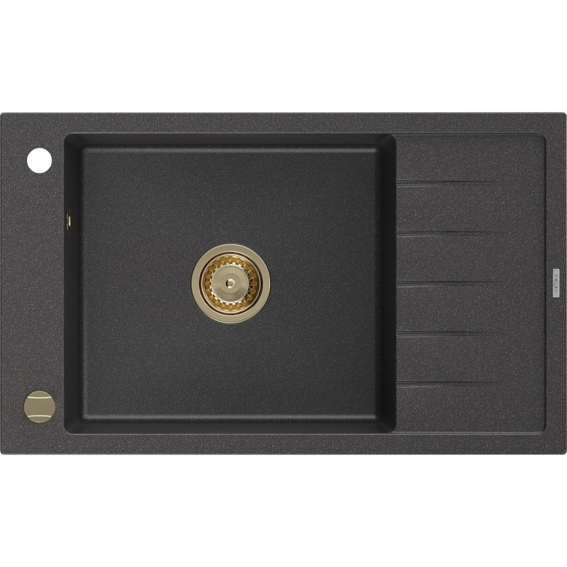 Mexen Elias lavello in granito a 1 vasca con scolapiatti 795 x 480 mm, nero puntinato, sifone dorato - 6511791005-76-G