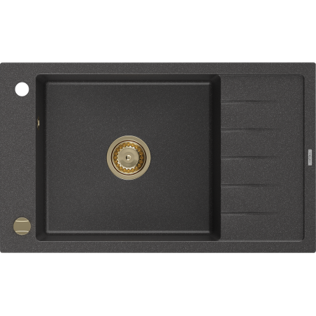 Mexen Elias Granitspüle 1-Becken mit Abtropffläche 795 x 480 mm, schwarz gesprenkelt, Siphon gold - 6511791005-76-G