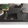 Mexen Elias évier de cuisine en granit 1 bac avec égouttoir 795 x 480 mm, noir moucheté, siphon doré - 6511791005-76-G