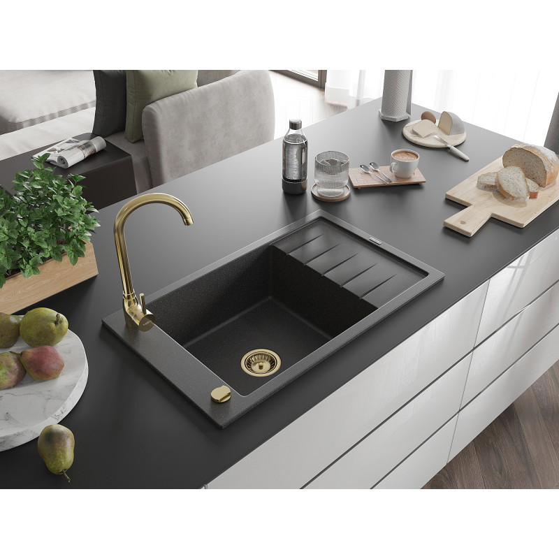 Mexen Elias Einbauspüle aus Granit, 1 Becken mit Abtropffläche, 795 x 480 mm, schwarz gesprenkelt, goldener Siphon