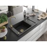 Mexen Elias Granitspüle 1-beckig mit Abtropffläche 795 x 480 mm, schwarz, goldener Siphon - 6511791005-77-G