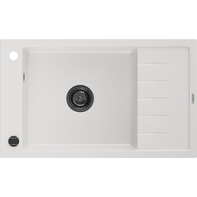 Mexen Elias granieten gootsteen 1-komer met afdruiprek 795 x 480 mm, wit, zwarte sifon - 6511791005-20-B