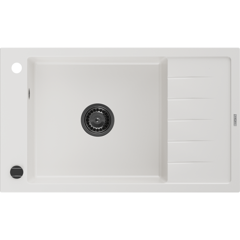 Mexen Elias lavello in granito 1-vasca con gocciolatoio 795 x 480 mm, bianco, sifone nero - 6511791005-20-B