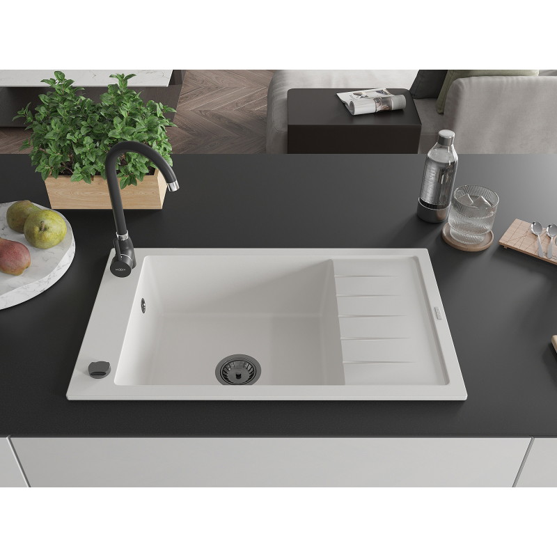 Mexen Elias granieten gootsteen 1-komer met afdruiprek 795 x 480 mm, wit, zwarte sifon - 6511791005-20-B