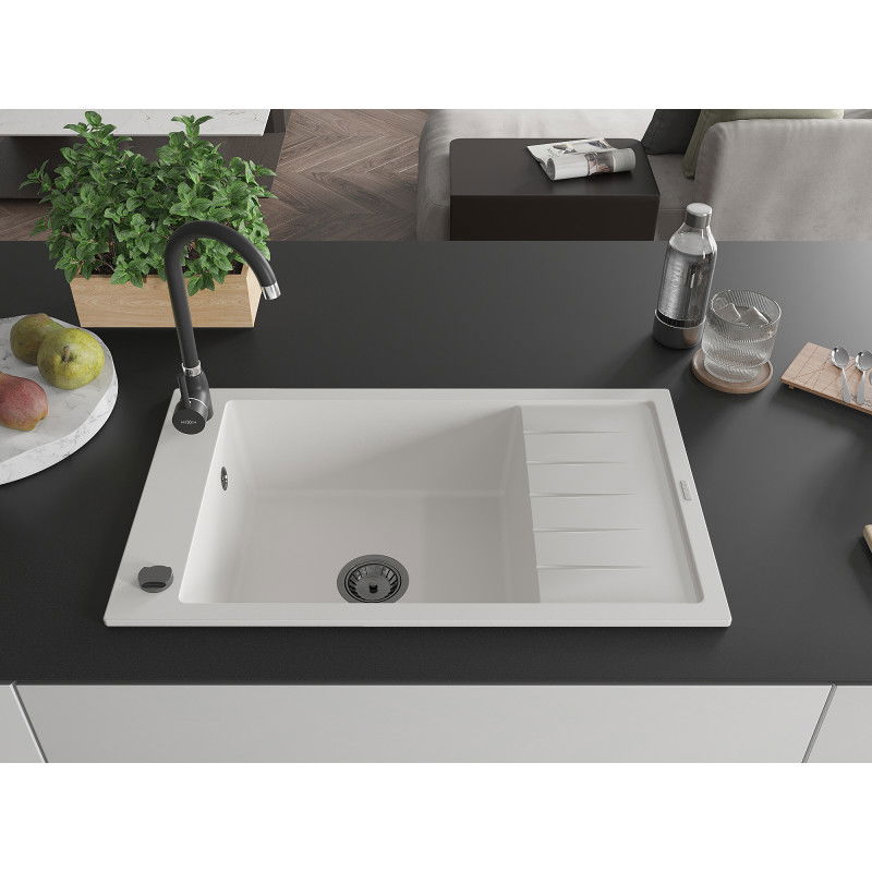 Mexen Elias Granitdiskho 1-kammare med avrinning 795 x 480 mm, vit, svart vattenlås - 6511791005-20-B