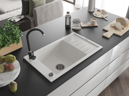 Mexen Elias fregadero de granito de 1 seno con escurridor 795 x 480 mm, blanco, sifón negro - 6511791005-20-B