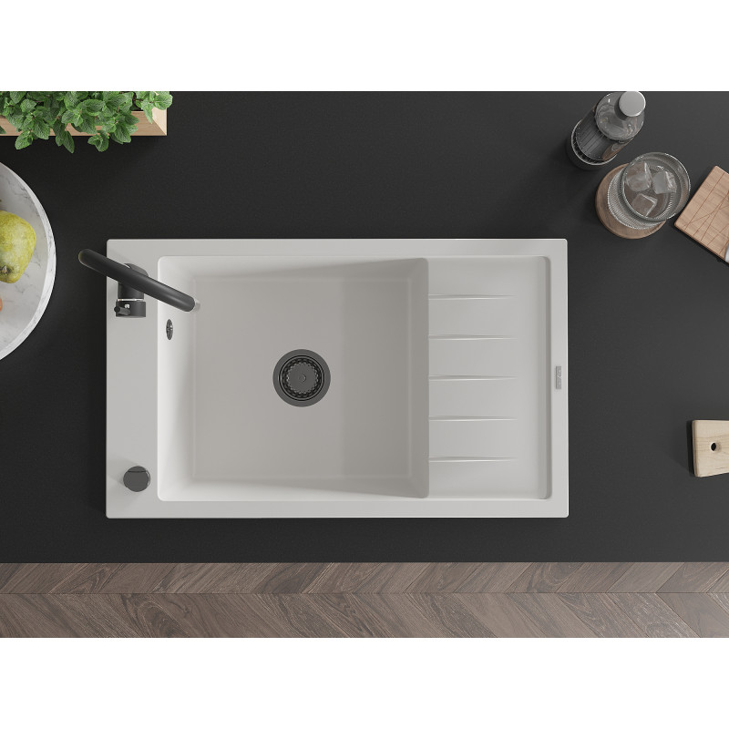 Mexen Elias granitische spoelbak met 1 kom en afdruiprek 795 x 480 mm, wit, zwarte sifon - 6511791005-20-B