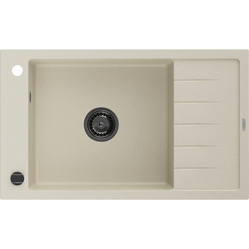 Mexen Elias granieten gootsteen 1-komor met druiprek 795 x 480 mm, beige, zwarte sifon - 6511791005-69-B