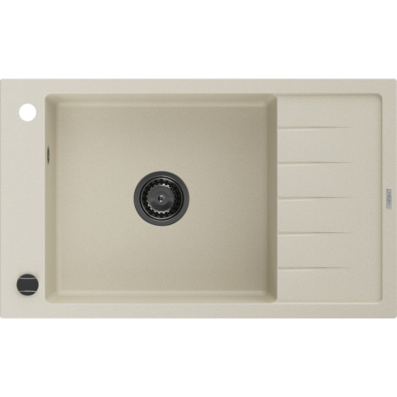 Mexen Elias granitische spoelbak 1-kompartiment met afdruiprek 795 x 480 mm, beige, zwarte sifon - 6511791005-69-B