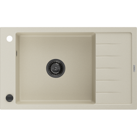 Mexen Elias granieten gootsteen 1-komor met druiprek 795 x 480 mm, beige, zwarte sifon - 6511791005-69-B