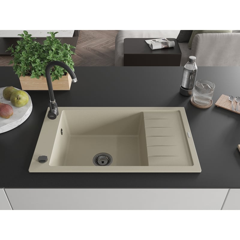 Mexen Elias 1-Bowl Granite Sink with Drainer 795 x 480 mm, Beige, Black Siphon - 6511791005-69-B