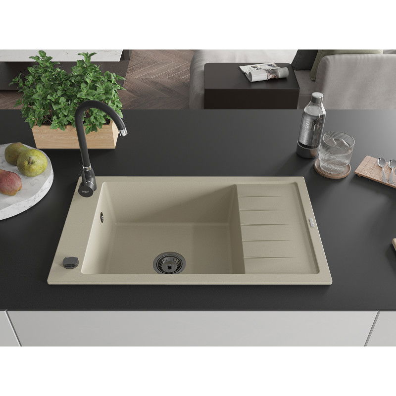 Mexen Elias fregadero de granito de 1 cámara con escurridor 795 x 480 mm, beige, sifón negro - 6511791005-69-B