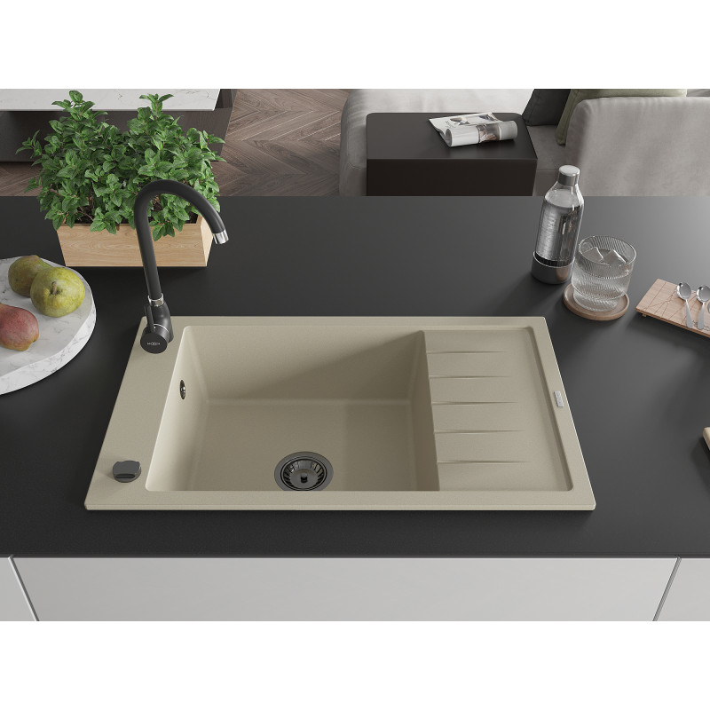 Mexen Elias granitstenen spoelbak 1-kamer met afdruiprek 795 x 480 mm, beige, zwarte sifon - 6511791005-69-B