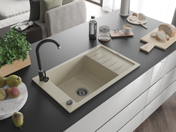 Mexen Elias Granitspüle 1-Becken mit Abtropffläche 795 x 480 mm, beige, schwarzer Siphon - 6511791005-69-B