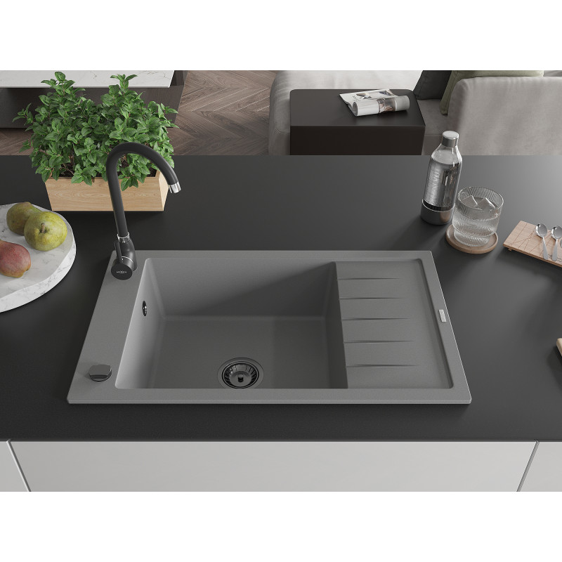 Mexen Elias granit gootsteen 1-komorige met afdruiprek 795 x 480 mm, grijs, zwarte sifon - 6511791005-71-B
