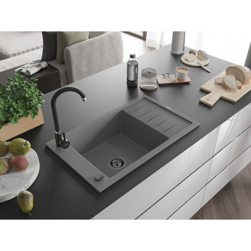 Mexen Elias granit gootsteen 1-komorige met afdruiprek 795 x 480 mm, grijs, zwarte sifon - 6511791005-71-B