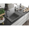 Mexen Elias granit gootsteen 1-komorige met afdruiprek 795 x 480 mm, grijs, zwarte sifon - 6511791005-71-B