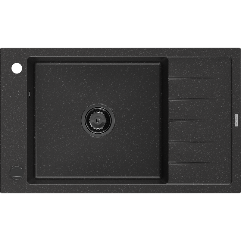 Mexen Elias Granitspüle, 1-beckig mit Abtropffläche, 795 x 480 mm, schwarz/silber metallic, schwarzer Siphon - 6511791005-73-B