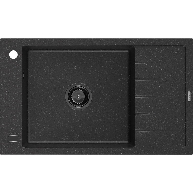 Mexen Elias lavello in granito a 1 vasca con scolapiatti 795 x 480 mm, nero/metallo argento, sifone nero - 6511791005-73-B