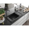 Mexen Elias granite single-bowl sink with drainer 795 x 480 mm, black/silver metallic, black siphon - 6511791005-73-B