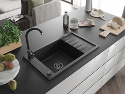 Mexen Elias Granitspüle, 1-beckig mit Abtropffläche, 795 x 480 mm, schwarz/silber metallic, schwarzer Siphon - 6511791005-73-B